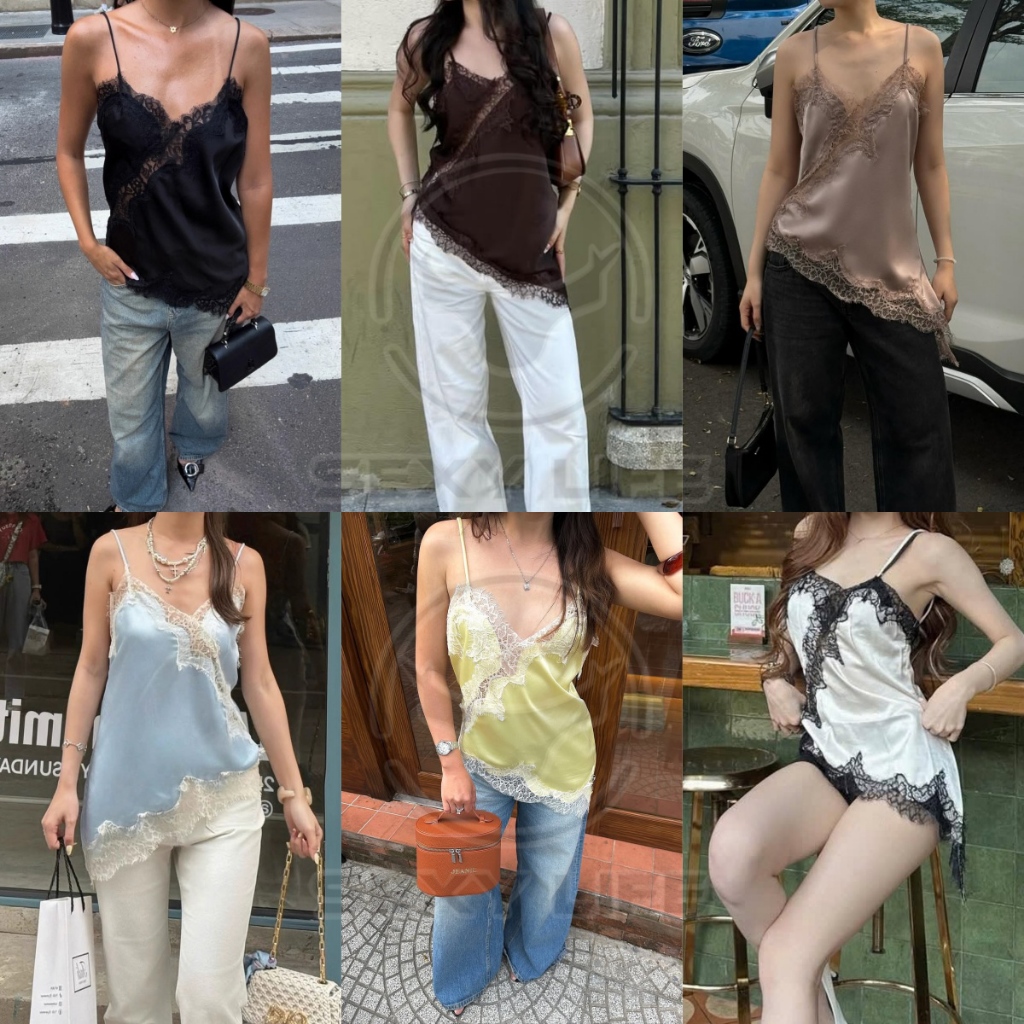 เสื้อสายเดี่ยว    คอวี เซ็กซี่   สไตล์ฝรั่งเศส  ผ้าลูกไม้ซาติน   มี 7 สี ไม่มีแผ่นรอง น้ำหนักเบา ชายเสื้อไม่เท่ากัน