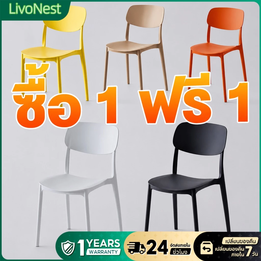 (ซื้อ 1 แถม 1) เก้าอี้กินข้าว พลาสติกมีพนักพิง สไตล์มินิมอล Plastic Dining Chair