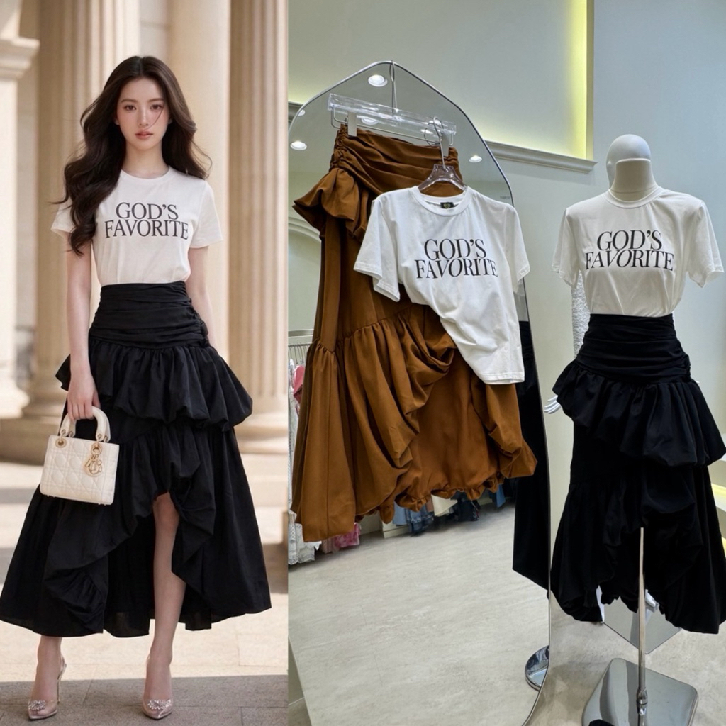 เสื้อ+กระโปรง เสื้อยืดคอกลม มากับกระโปรงแต่งเรเยอร