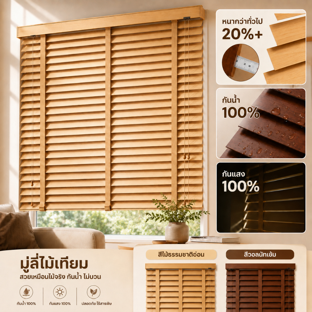 โปรพิเศษ มู่ลี่ไม้เทียม PVC ลายไม้พรีเมียม หนากว่าเดิม 20% กันน้ำ 100% ปรับแส 0–90° ลดความร้อนในบ้าน ทำความสะอาดง่าย