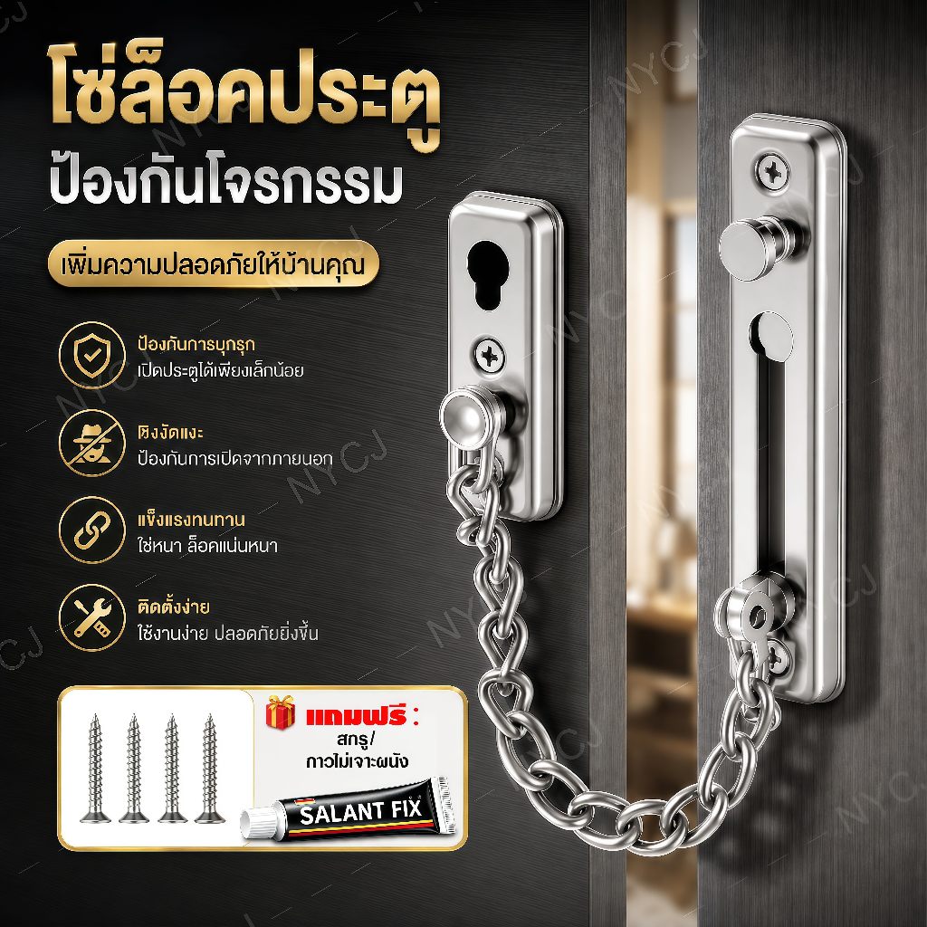 โซ่รักษาความปลอดภัยประตู สแตนเลส 304 ป้องกันขโมย ป้องกันเด็กเปิดประตูได้ ติดตั้งง่าย ไม่เป็นสนิม สำหรับประตูไม้ ประตูเหล