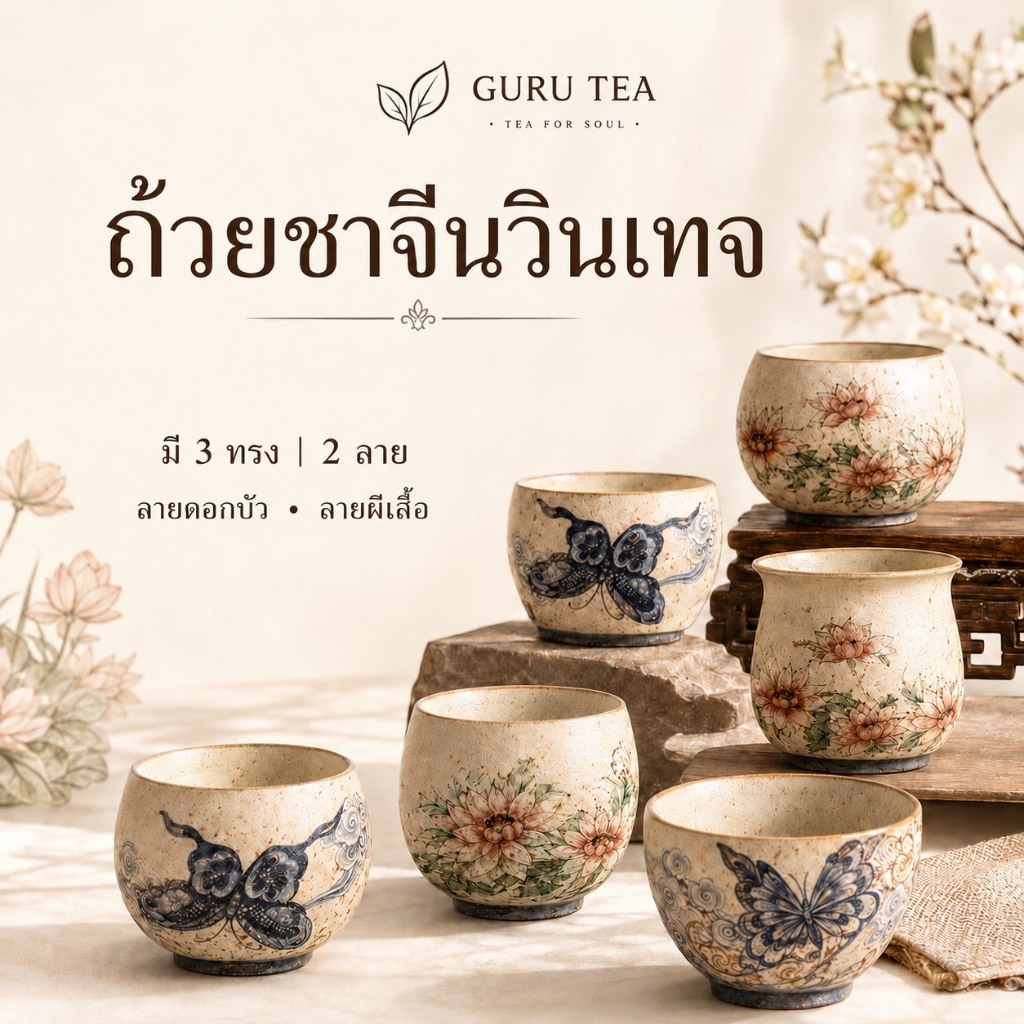 GURU TEA ถ้วยชาจีนวินเทจ ถ้วยเซรามิกจิบชา ลายดอกบัว/ลายผีเสื้อ มี 3 ทรง