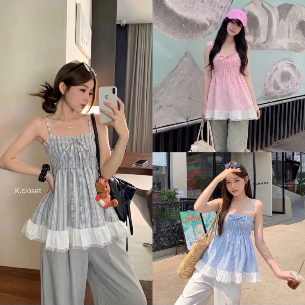 (อก28-42) เสื้อสายเดี่ยวสม็อคตัวยาวลายริ้ว detail แต่งลูกไม้ แต่งทูโทน เสื้อสายเดี่ยวสาวอวบใส่ได้อกถึง 42 นิ้ว