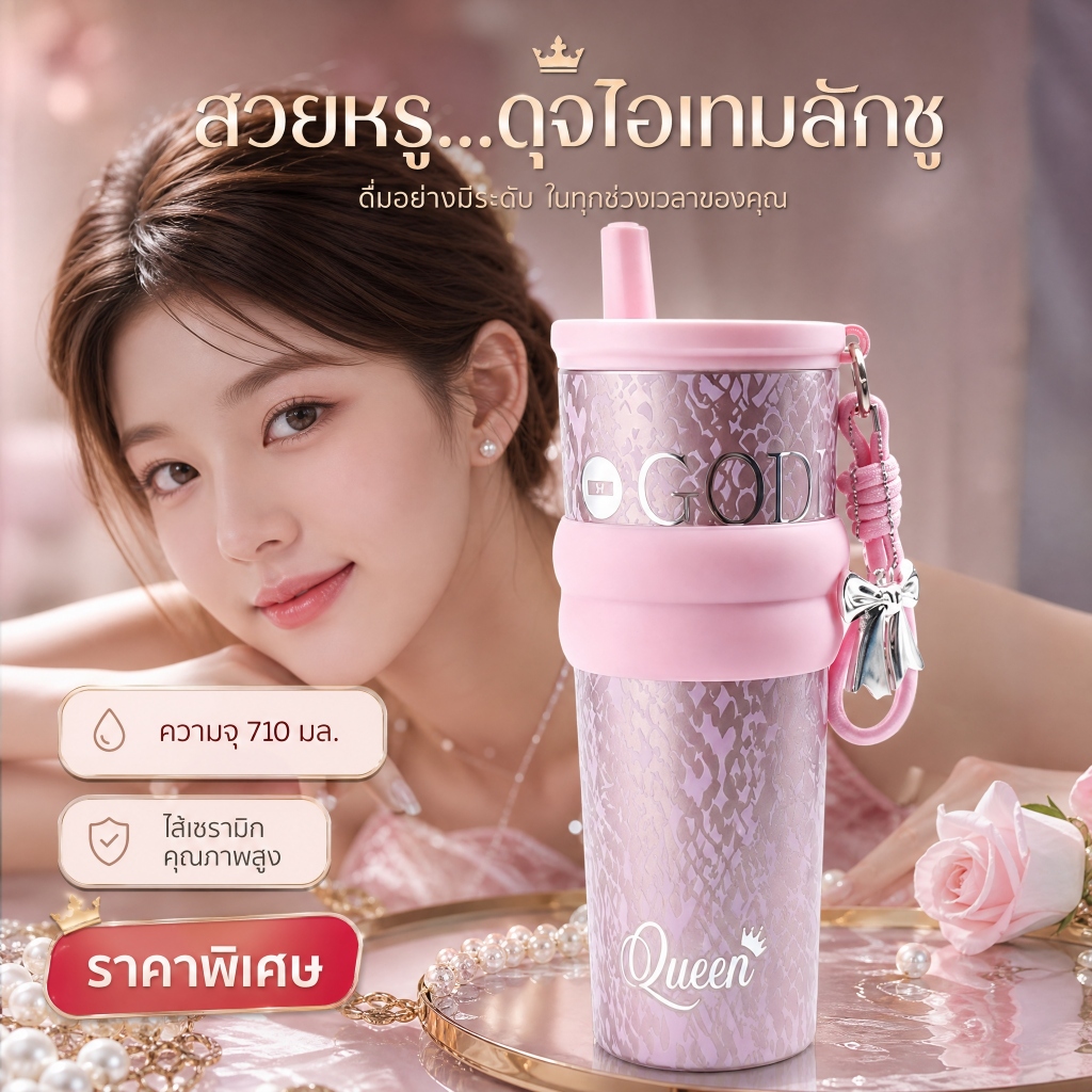 TIETO แก้วเก็บความเย็น ไส้เซรามิก 710ml ไม่เหม็นเหล็ก มีหลอดและยกดื่มในตัว