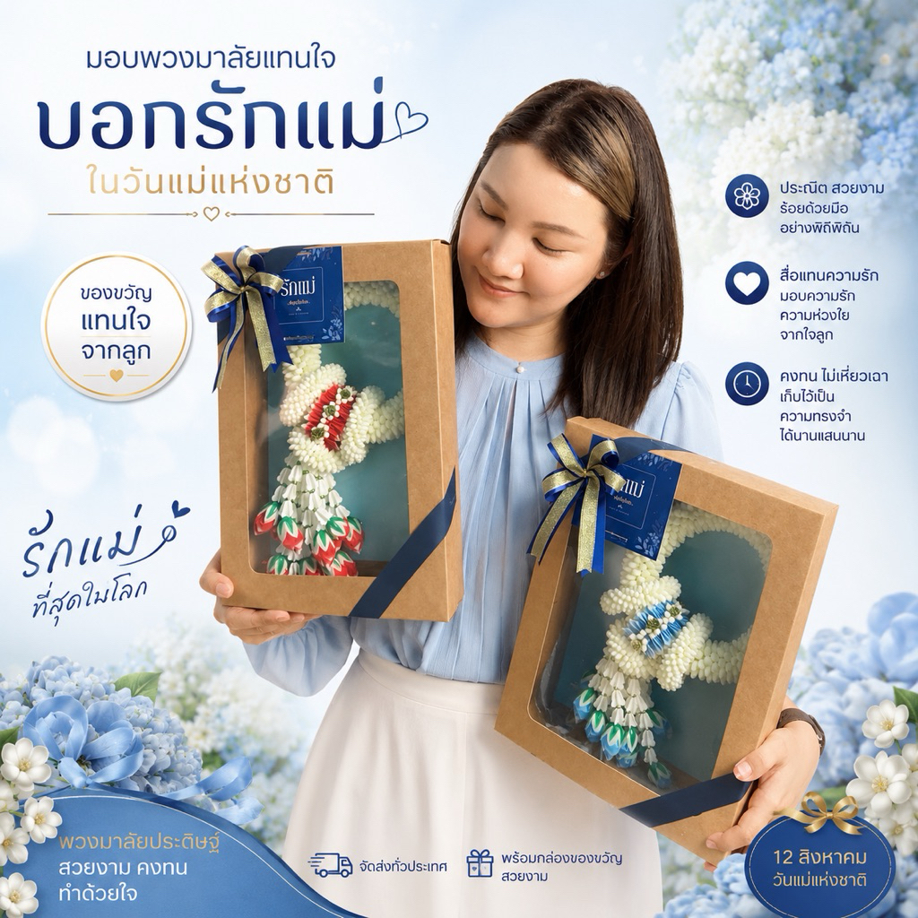 พวงมาลัยมะลิเสมือนจริง เกรดพีเมี่ยม วันแม่ (แจกฟรีการ์ดวันแม่ ตั้งแต่วันนี้-31สค.)