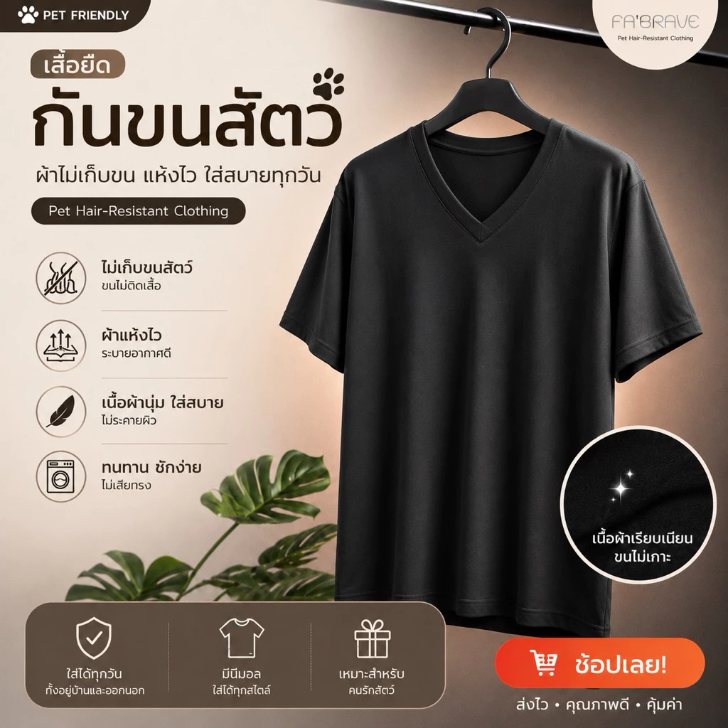 เสื้อยืดสำหรับคนเลี้ยงสัตว์ ขนติดน้อยปัดออกง่าย FA'BRAVE รุ่น F1 Clean V