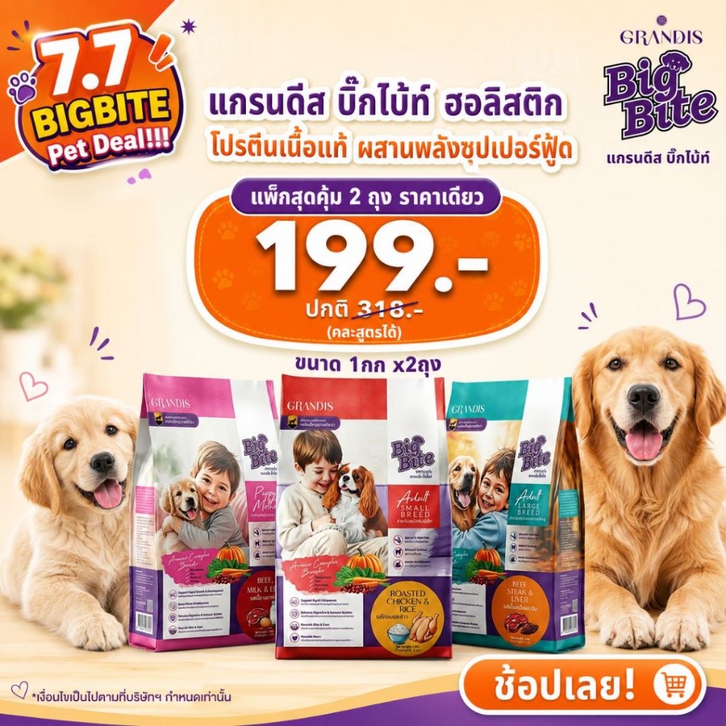[สุดคุ้ม 2ถุง ราคาเดียว] อาหารสุนัข แกรนดีส บิ๊กไบ้ท์ ฮอลิสติก [1กก] ลูกสุนัข/ สนัขโตพันธุ์เล็ก-ใหญ่