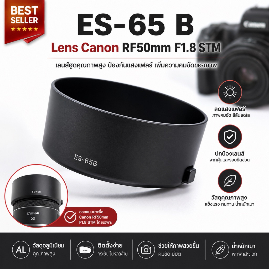 Len Hood (ES-65B) RF50F1.8 Canon RF RP R5 R6 R7 R8 R3 R100 R10 R50 รวมฮูดเทียบแคนนอน RFตรงรุ่นล่าสุด