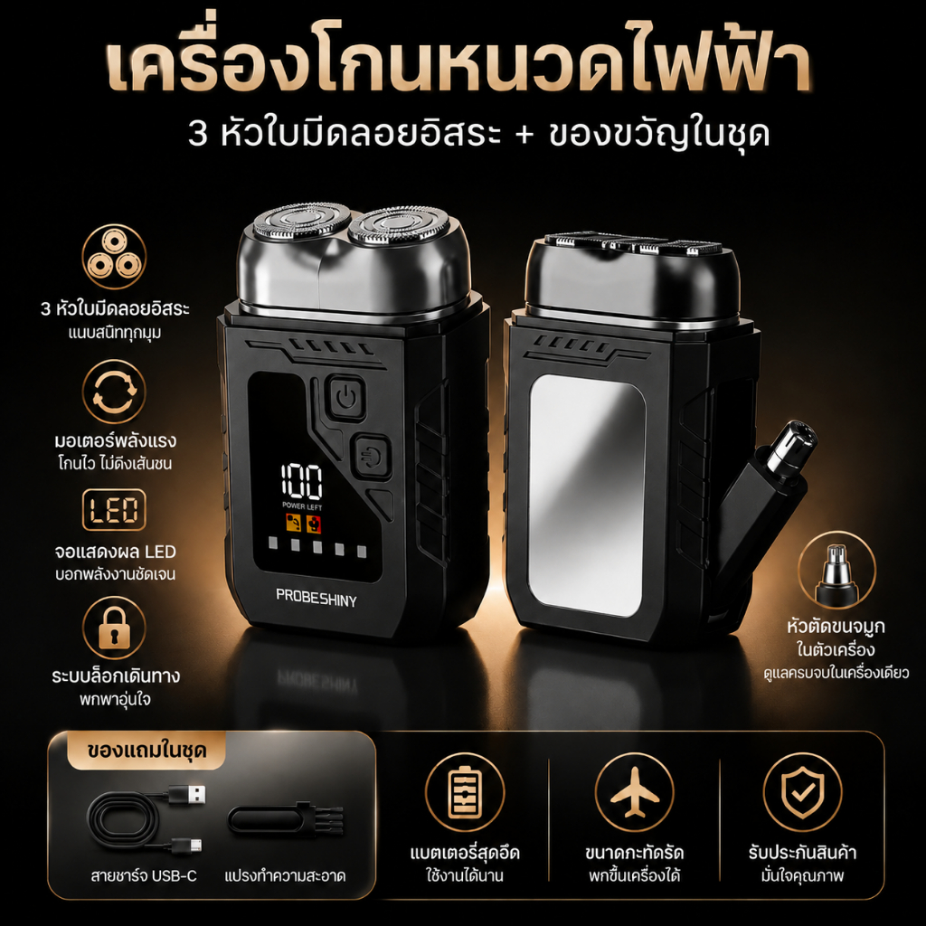 INSMART เครื่องโกนหนวดไฟฟ้า 2in1 พร้อมที่ตัดขนจมูก จอ LED กันน้ำ ล้างได้ ชาร์จ Type-C พกพา