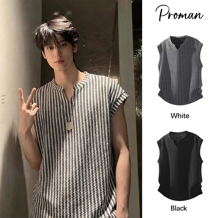 PROMAN เสื้อกล้ามไร้แขน สไตล์เกาหลี ลายร่อง คอวี ผ้าระบายเหงื่อ ระบายอากาศ ทรงหลวม ใส่เดี่ยวหรือเป็นเสื้อในประจำวัน