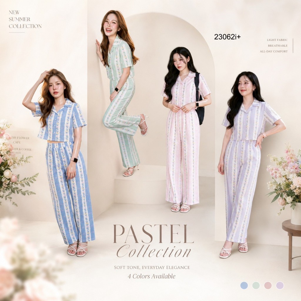Set 2 ชิ้น เสื้อครอปเชิ้ต + กางเกงขายาว พิมพ์ลาย TT23062