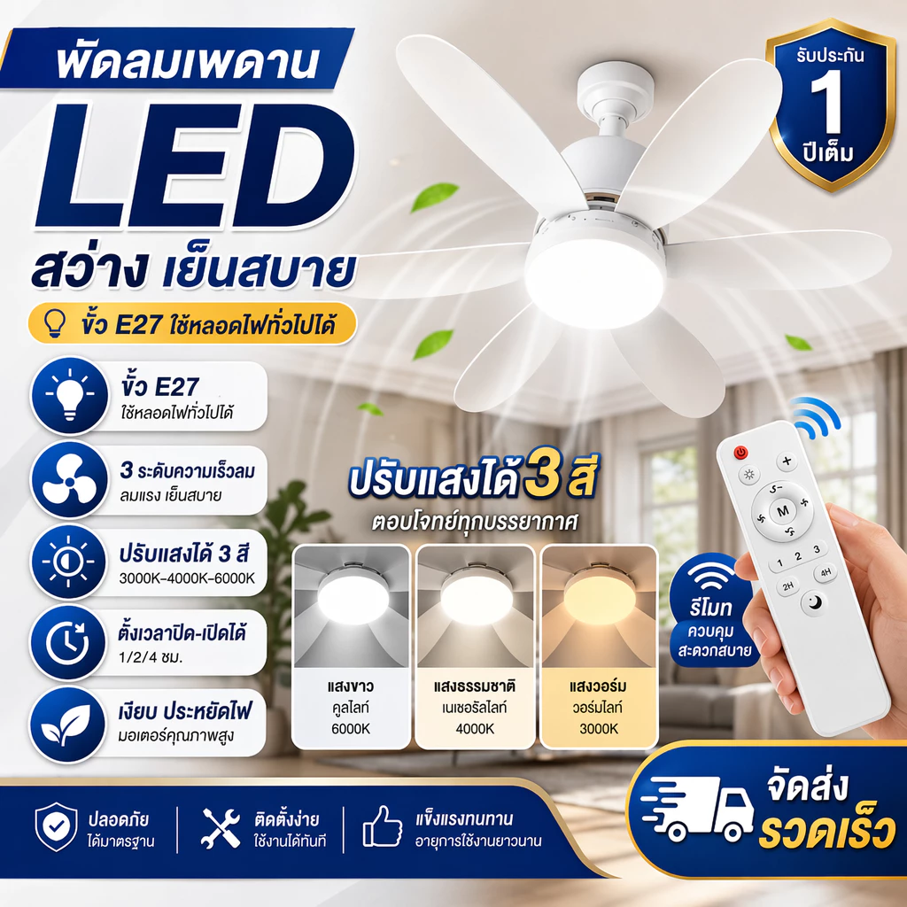 พัดลมโคมไฟ LED Ceiling fan Lamp พร้อมรีโมทหรี่แสงได้ 100W 6ใบ 2in1 52cm E27เหมาะสำหรับห้องนั่งเล่นห้องนอน มีรีโมทควบคุม