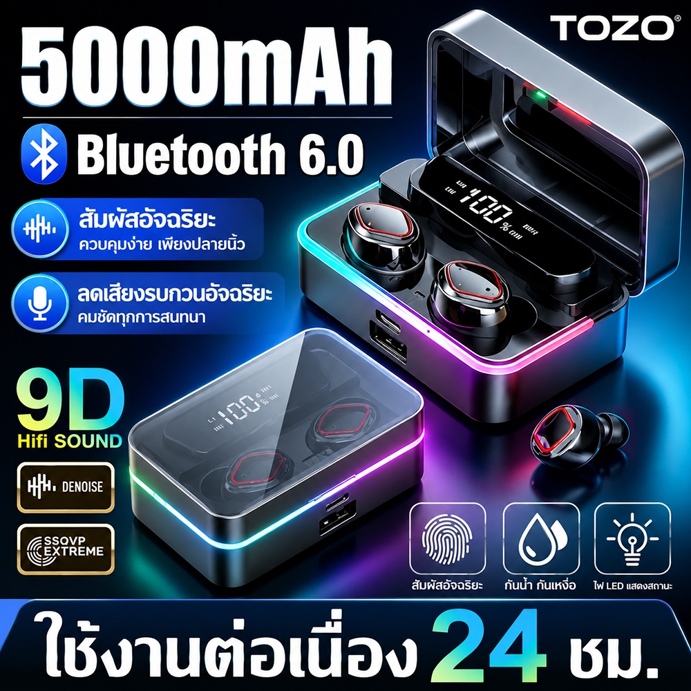 【รับประกัน5ปี】หูฟังบลูทูธ หูฟังไร้สาย เบสหนัก อัปเกรด Bluetooth6.0ใช้งานต่อเนื่องแบต 8ชม คุณภาพเสียง HiFi Bone Conductio