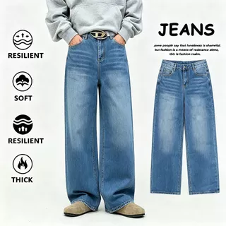 Geegoo กางเกงยีนส์ผู้ชายขากว้าง สไตล์อเมริกัน baggy jeans แบบเรียบง่าย ทรงกระบอกเอวสูง ขายาว ผ้าฝ้าย