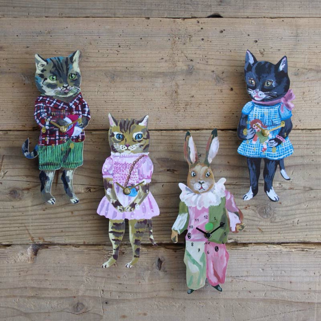พร้อมส่งด่วน Nathalie Lété นาฬิกาแขวนผนัง Cat Die-Cut Clock นาฬิกาแขวนไม้รูปแมววินเทจ ดีไซน์ศิลปะฝรั่งเศส เดินเงียบ