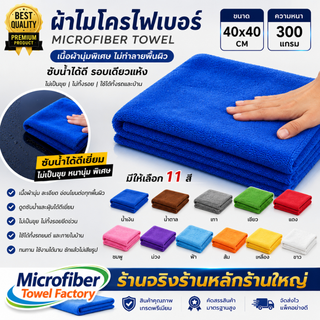ผ้าไมโครไฟเบอร์ แท้ ผ้าเช็ดรถหนา 320gsm 40x40cm เกรด A+ 1ผืน อุปกรณ์ทำความสะอาด คุณภาพดี