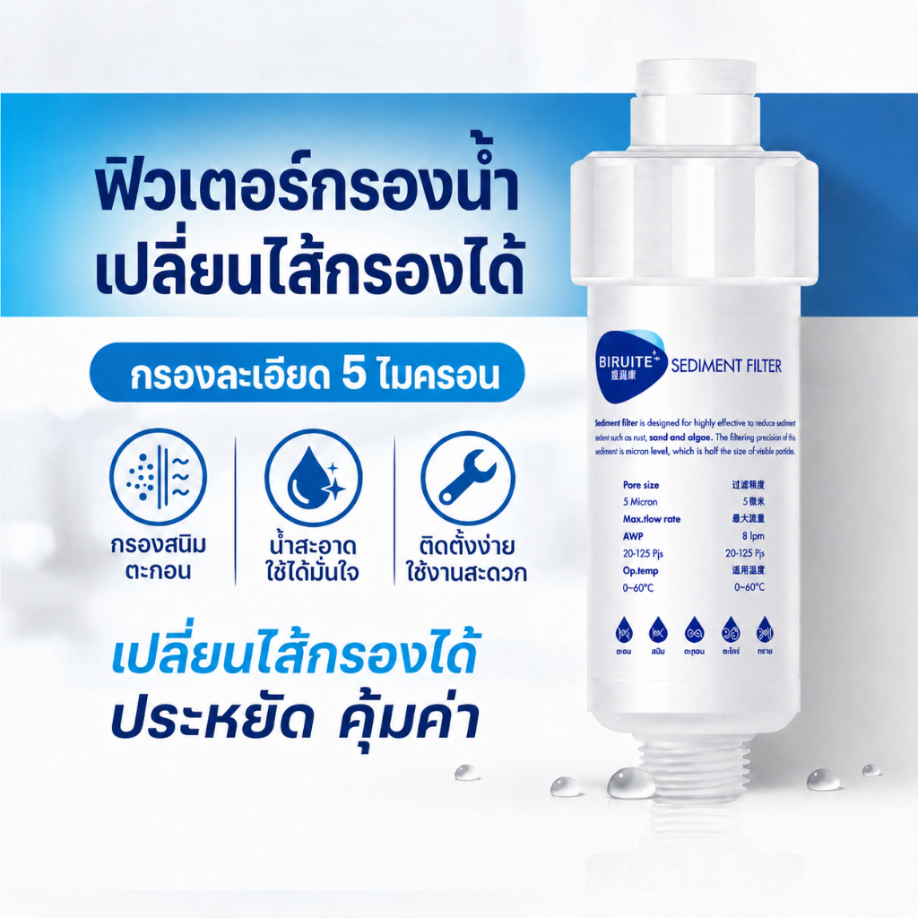 HH ฟิลเตอร์กรองน้ำ รุ่นเปลี่ยนไส้ได้ ติดตั้งง่าย รุ่นเปลี่ยนไส้ได้ กรองตะกอน เหมาะสำหรับก๊อกน้ำ หัวฝักบัว