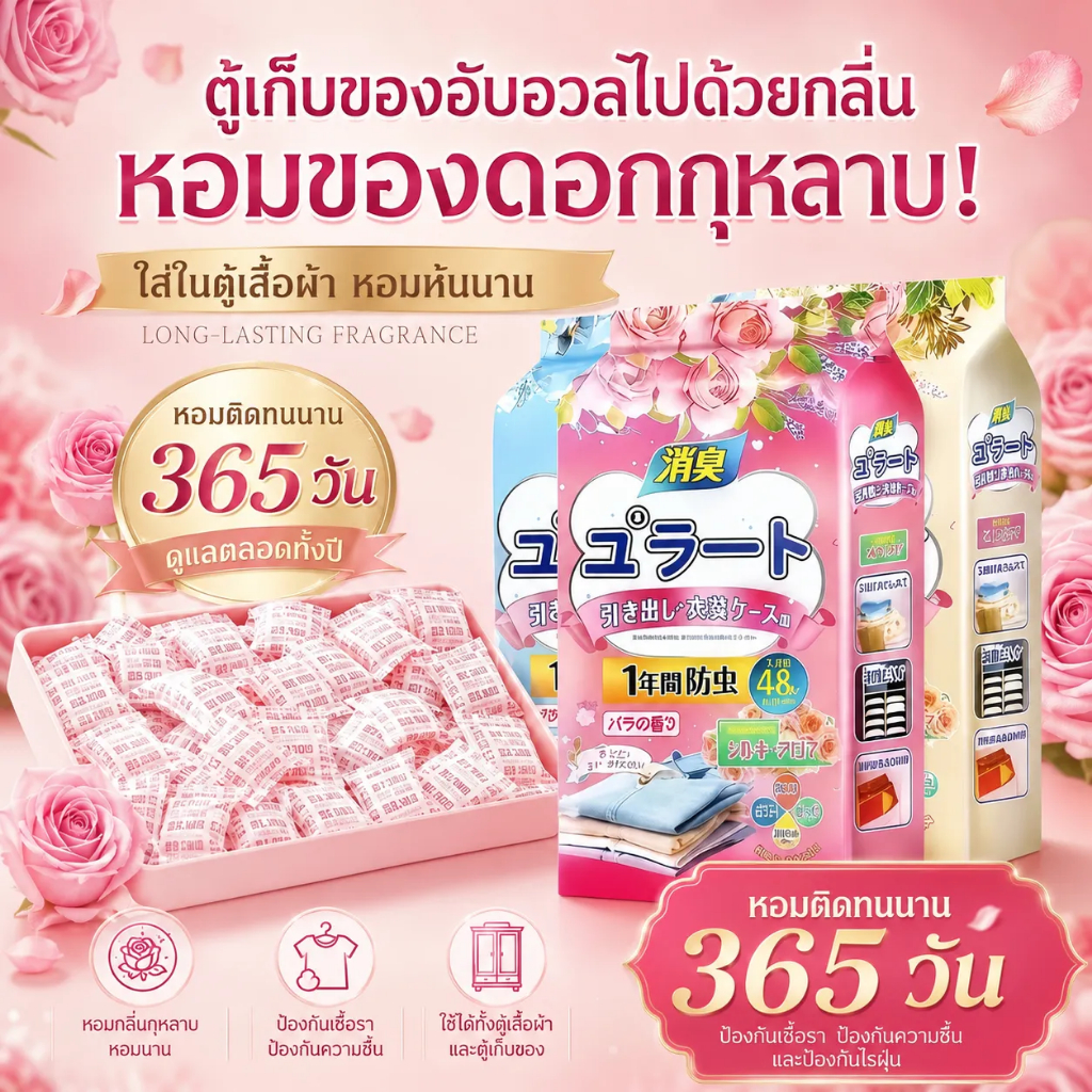 ลูกเหม็นญี่ปุ่น 48 ซอง กลิ่นหอมอ่อน – กันความชื้น กันรา ไล่แมลงสาบและแมลง – ใช้ได้ทั่วบ้าน