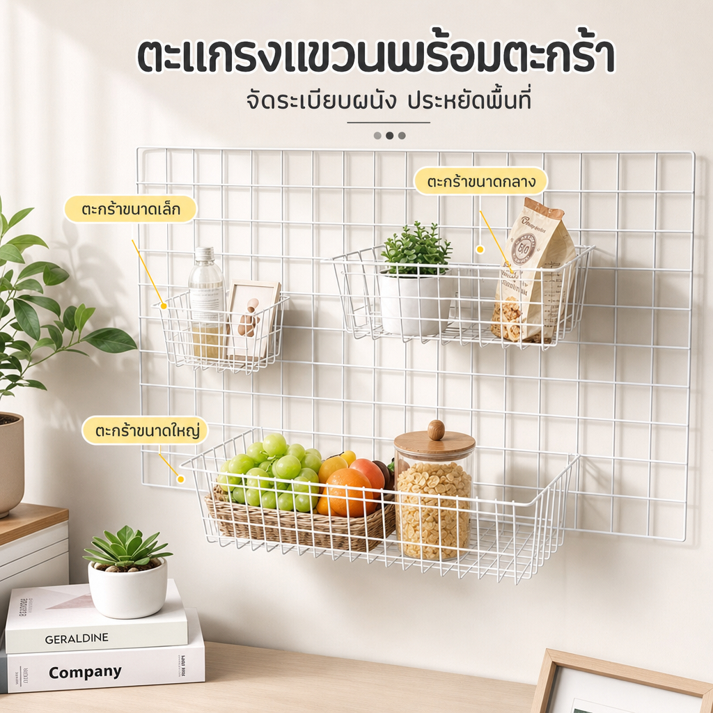 BM ตะกร้าแขวนอเนกประสงค์ ลวดลายตาข่าย ใช้กับชั้นวางหรือแผงรู ตะกร้าโชว์สินค้า ใส่ต้นไม้ ของใช้