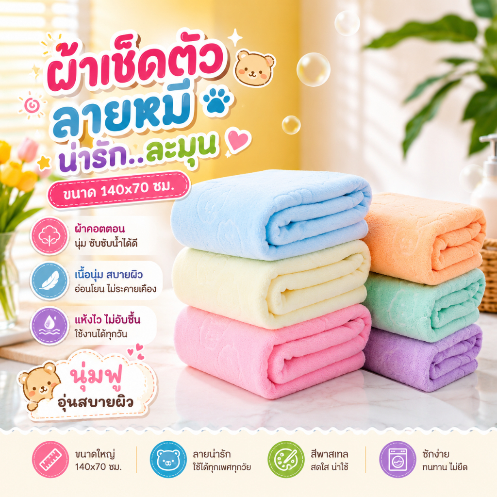 พร้อมส่ง ผ้าเช็ดตัวลายหมี TKA พาสเทล เนื้อผ้านาโน ซึมซับน้ำได้ดี ขนาด 70x140 ซม.