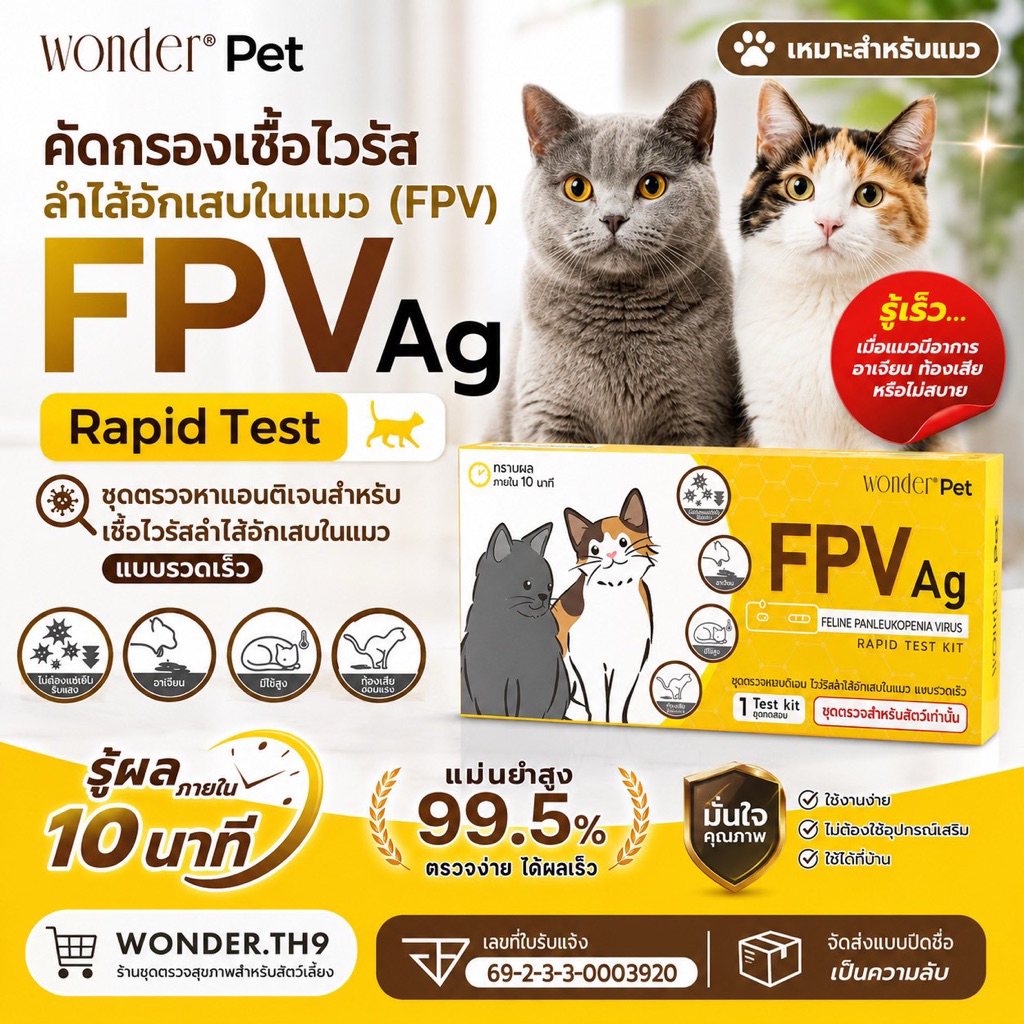Wonder Pet FPV Ag Rapid Test Kit ชุดตรวจไวรัสลำไส้อักเสบในแมว FPV ชุดตรวจโรคหัดแมว ตรวจอุจจาระแมว รู