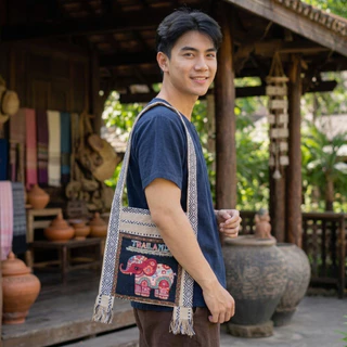 ย่ามลายช้าง สีครีม กระเป๋าย่าม ผ้านากา กระเป๋าสะพาย ผ้าพื้นเมือง คละสีคละลาย 2ช่อง 2ซิป มีซับใน ไซส์ 8/9/10/12 นิ้วส่งไว