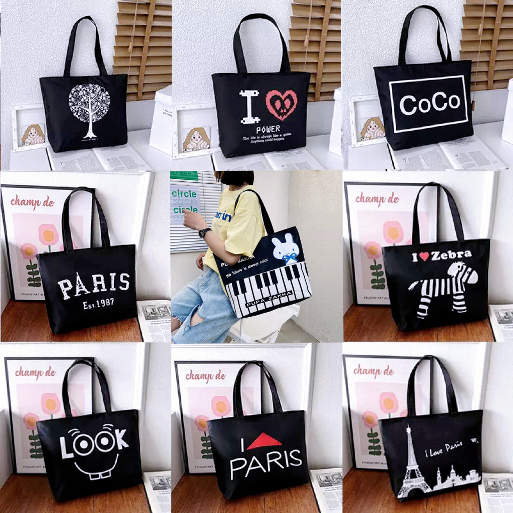 กระเป๋าผ้าแฟชั่น ขนาดใหญ่ ลายน่ารัก มีซิป แบบถือสะพายไหล่กระเป๋าผ้า TOTE สไตล์ญี่ปุ่น-bao809