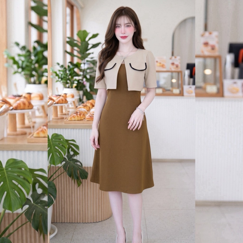 สินค้าพร้อมส่ง ชุดเดรส ผ้าวูลเวฟ เสื้อแต่งคลุมทรูโทน รูปที่ 5