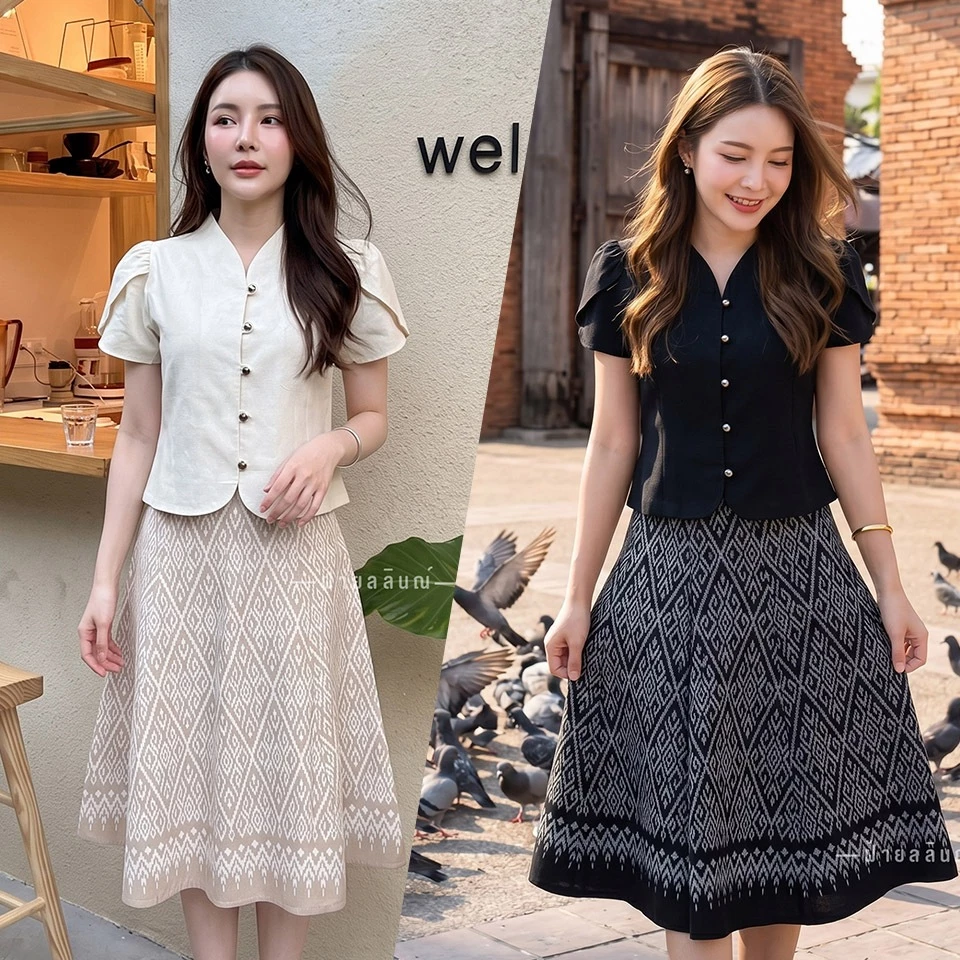ชุดเซทผ้าฝ้ายลายไทยคอวีแขนกลีบบัว กระโปรงทรงย้วยงาน8ชิ้น
