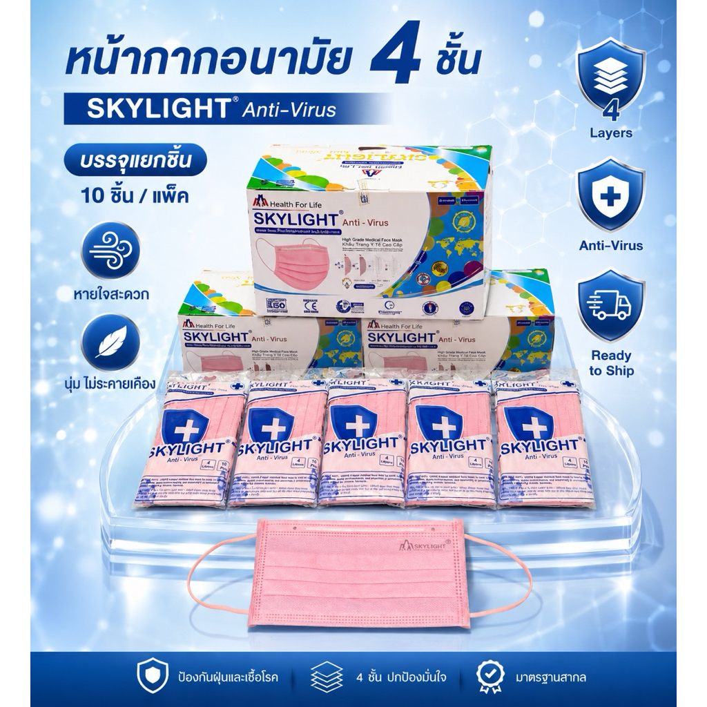 หน้ากากอนามัย (สีโอรส)4 ชั้น เกรดการแพทย์ skylight เวียดนาม หนากว่าปกติ 1กล่อง50ชิ้น