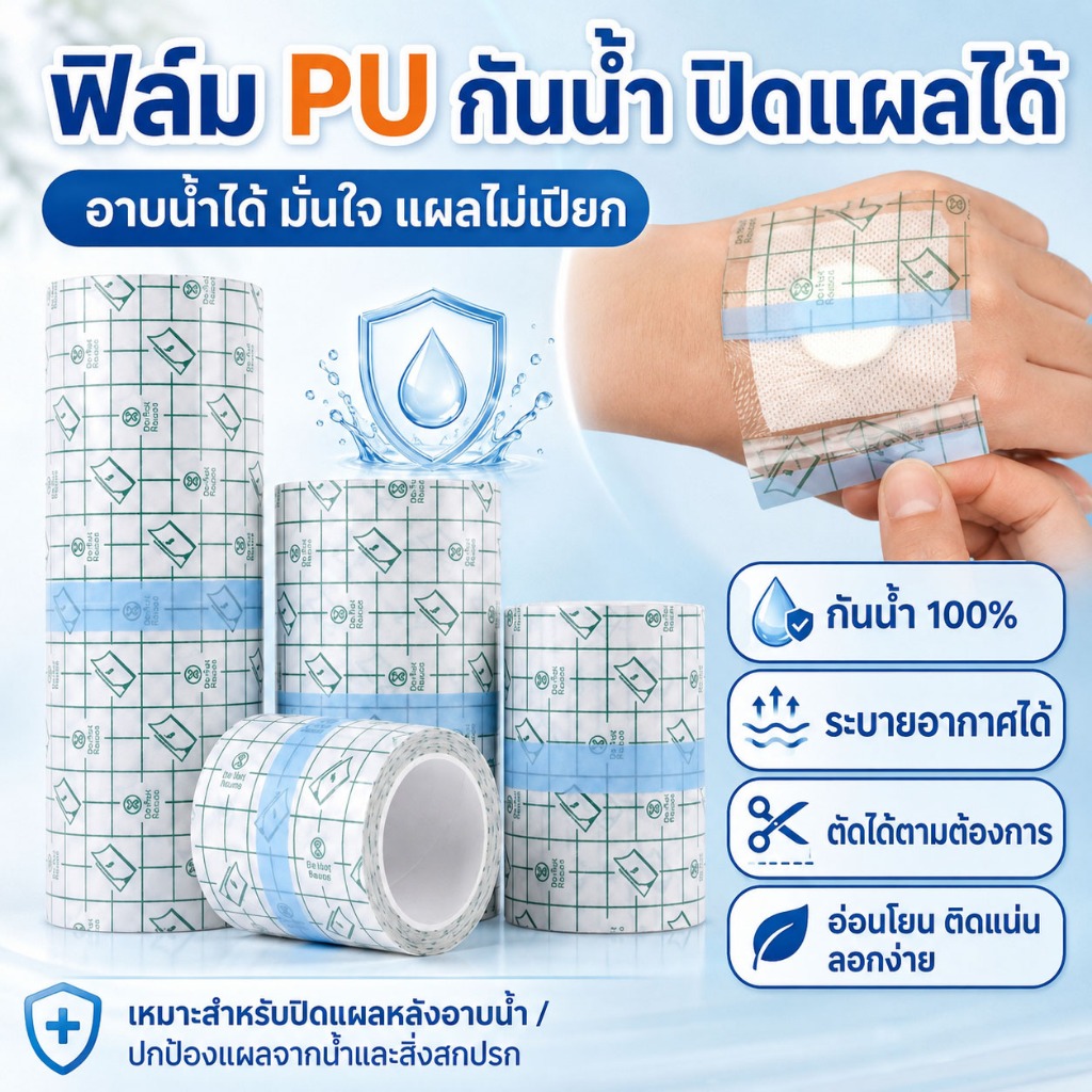 เทป PU ฟิล์มกันน้ำ แผ่นปิดแผลหลังผ่าตัด สำหรับอาบน้ำ กันแผลติดเชื้อ ยาวจุใจ 5 เมตร ความกว้าง (5,10,15cm) ม้วนใหญ่