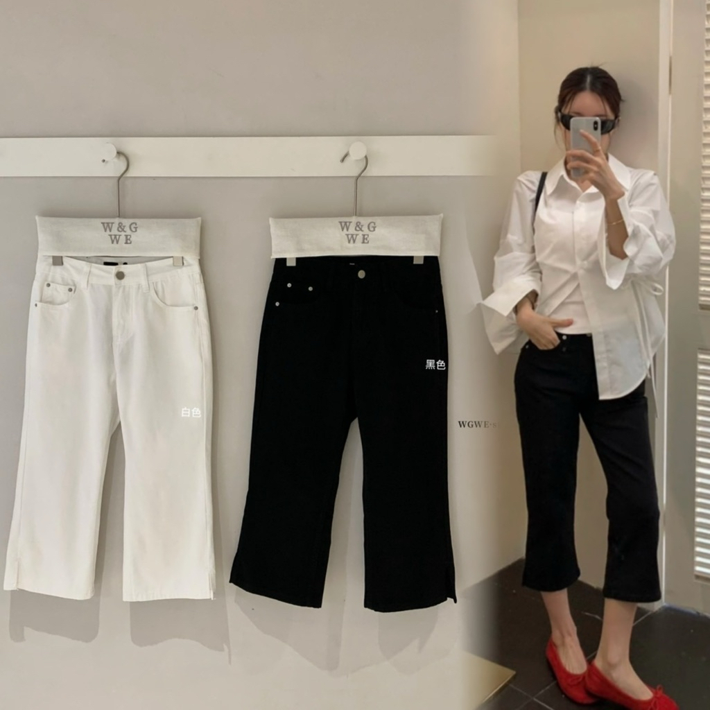 📍พร้อมส่ง📍10347# กางเกงยีนขา4ส่วน ปลายขาผ่าเล็กน้อย เนื้อผ้ายืดเล็กน้อย เนื้อผ้าดี ทรงสวย TAG:WG.WE 🇰🇷