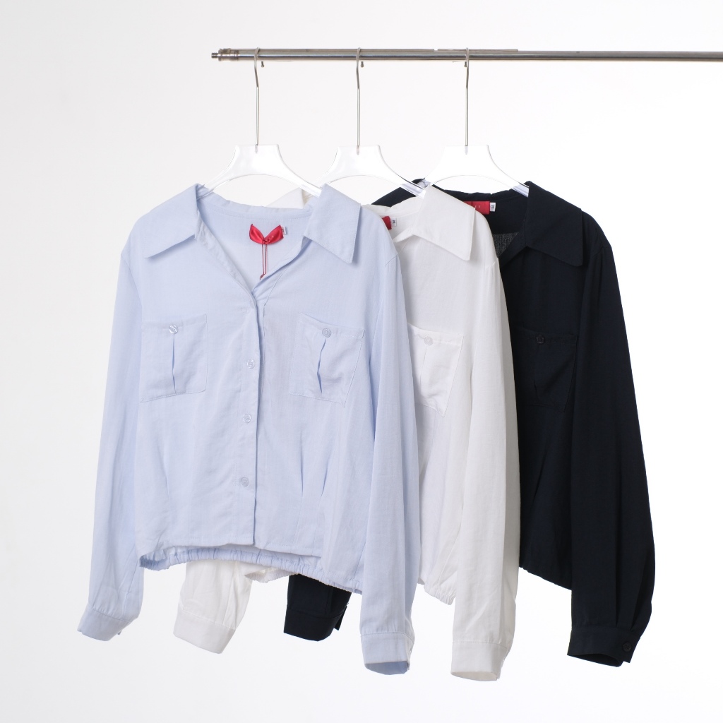 Lawyer Store | [724338] เสื้อคอปก แขนยาว กระเป๋าคู่ จีบหน้า เนื้อผ้ามีความผสมลินินญี่ปุ่น เสื้อเชิ๊ต เสื้อทำงาน