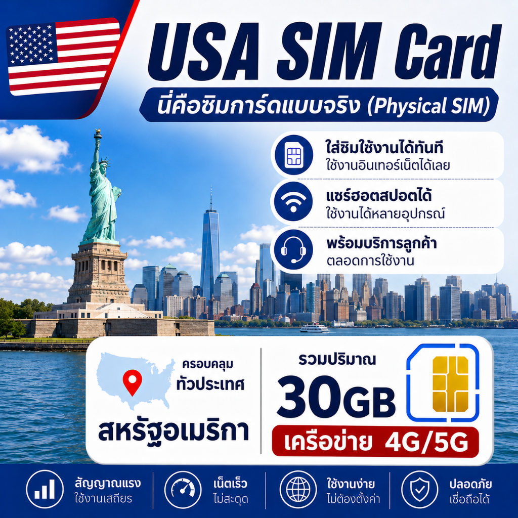 USA  SIM｜ซิมอินเทอร์เน็ตสหรัฐอเมริกา 4G/5G ความเร็วสูง ใช้งานได้ทันทีเมื่อใส่ รองรับทั่วประเทศ｜มีแพ็กเกจให้เลือก30GB