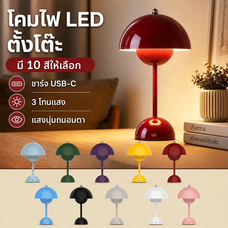 โคมไฟตั้งโต๊ะ LED รูปดอกตูม ไฟหัวเตียง 3สี ปรับได้ สไตล์วิเทจ ไฟห้องนอน