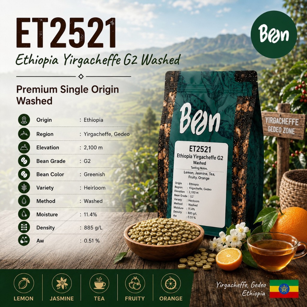 สารกาแฟ/เมล็ดกาแฟดิบ/Green bean( ET2521)/เอธิโอเปีย Ethiopia Yirgacheffe Konga G2 Washed- 1 Kg