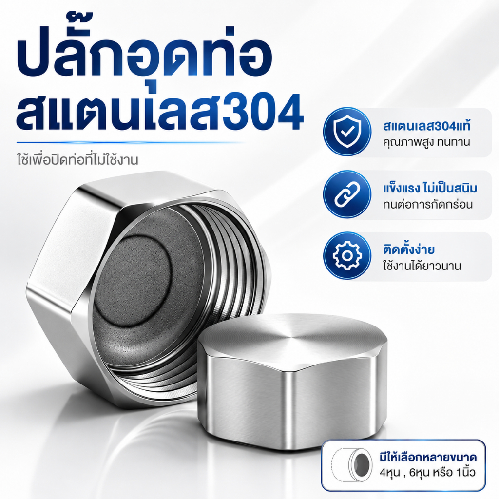 ร้านไทย SAINAM [สแตนเลส304แท้] ❌ไม่ขึ้นสนิม ปลั๊กอุดท่อ เกลียวในปิดท่อ ฝาปิดท่อ ฝาครอบเกลียวใน 4หุน, 6หุน, 1นิ้ว PC1