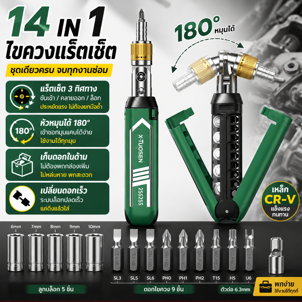 14 IN 1 ชุดไขควงแร็ตเช็ต 3 ทิศทาง ปรับงอได้ 180° ดอกแม่เหล็ก เก็บดอกในด้าม ใช้งานได้ทุกมุม สำหรับซ่อมรถและงานช่าง