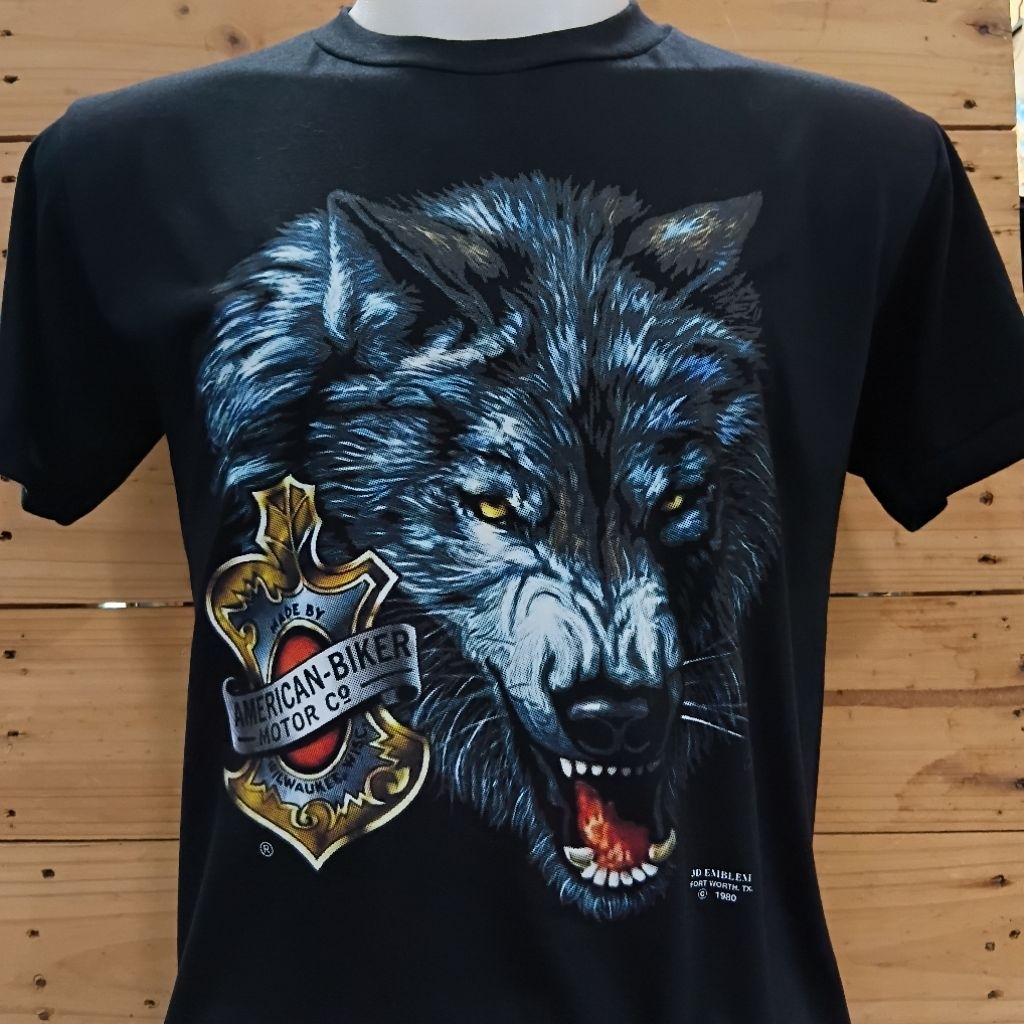 เสื้อ3d มอไซต์หมาป่า ผ้าบางไม่มีตะเข็บข้างชายเย็บเดี่ยวคอกลมสีดำ ผู้ชาย ผู้หญิง Man Clothing