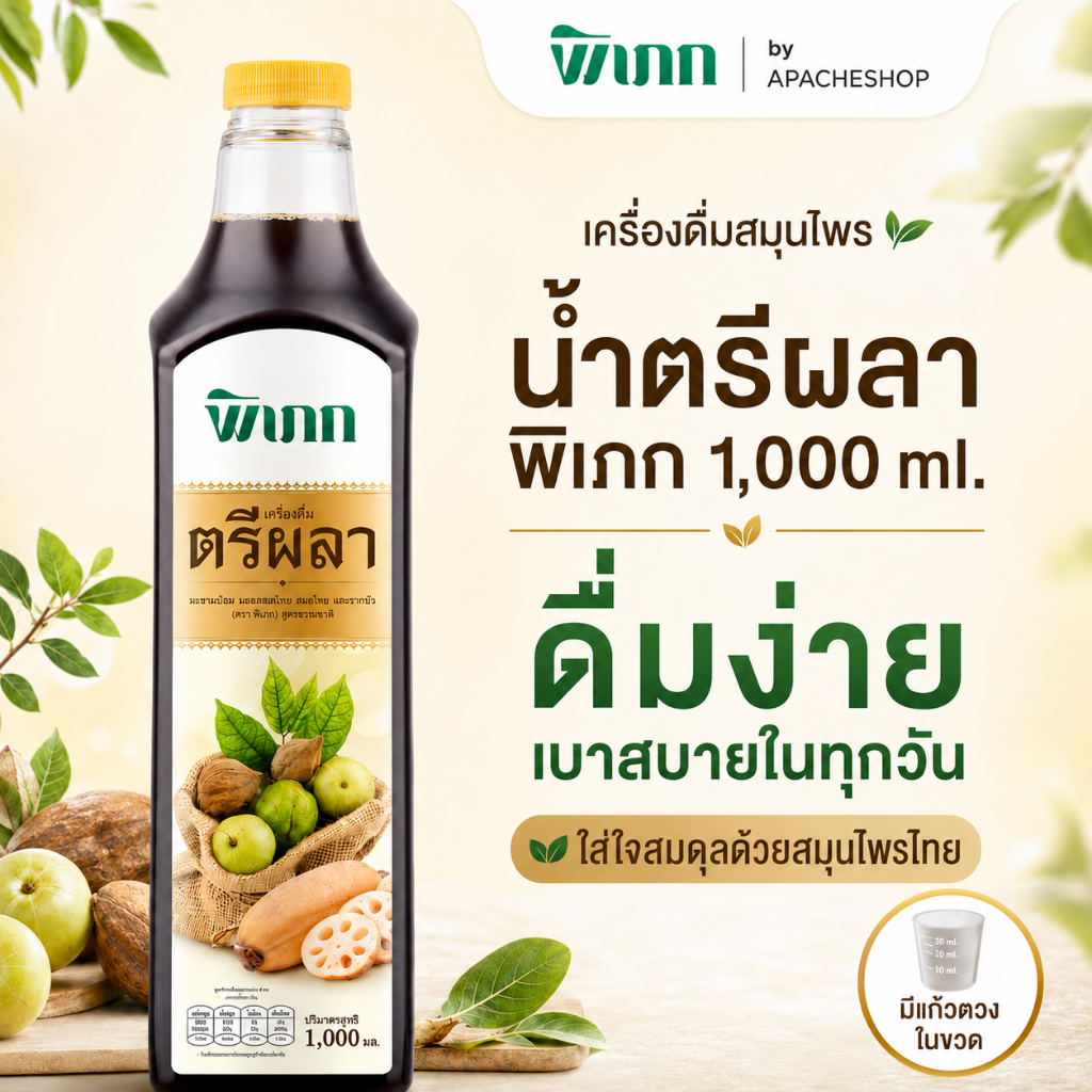 น้ำตรีผลา พิเภก 1000ml เครื่องดื่มสมุนไพร ดื่มง่าย มีอินูลิน ไม่เติมน้ำตาล