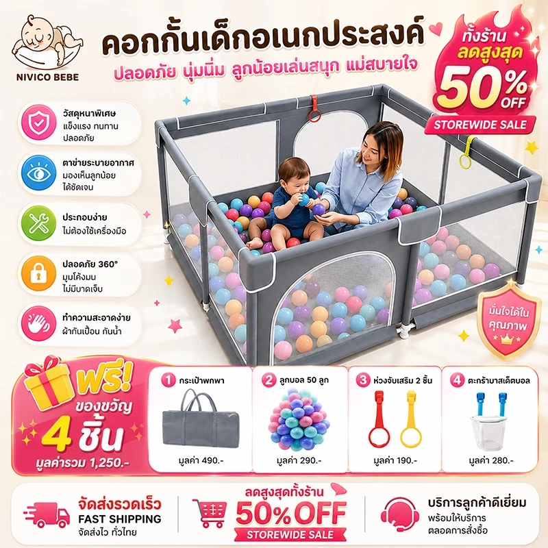 NIVICO BEBE คอกกั้นเด็ก 6 ฟุต ขนาดใหญ่ โครงเหล็กแข็งแรง ตาข่ายระบายอากาศ 360° คอกเด็กเล่น ท่อเหล็กหนา