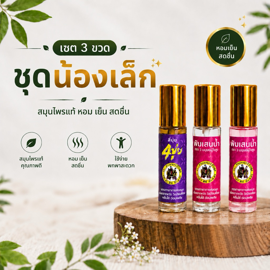 เซต 3 ขวด ชุดน้องเล็ก: น้ำมันสมุนไพรสี่ขุ่ย+พิมเสนน้ำ ตราสามมนุษย์ผู้ใจสูง
