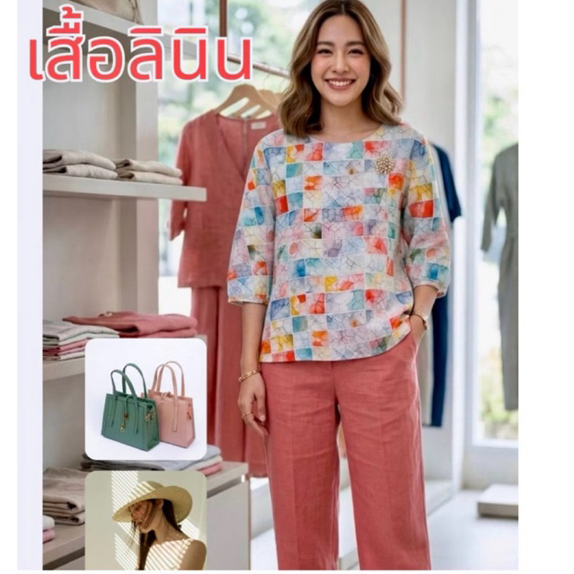 เสื้อผ้าลินินลายดอกคอกลม เจาะกระดุม 1 เม็ด แขน 3/4  สีสันสดใส  ใส่สบาย เนื้อผ้าดี พร้อมส่งคะ