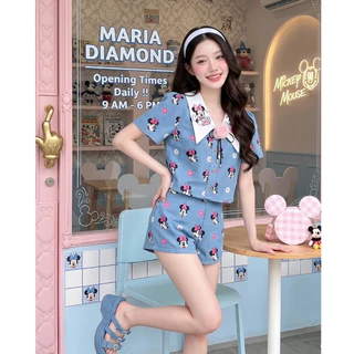 (มี3XL) ยีนส์ Minnie Jeanie Set เซ็ต 2 ชิ้นผ้ายีนส์ลายมินนี่ เสื้อกระดุมหน้าปกเชิ้ตงานปัก +เข็มกลัด + กางเกงขาสั้น