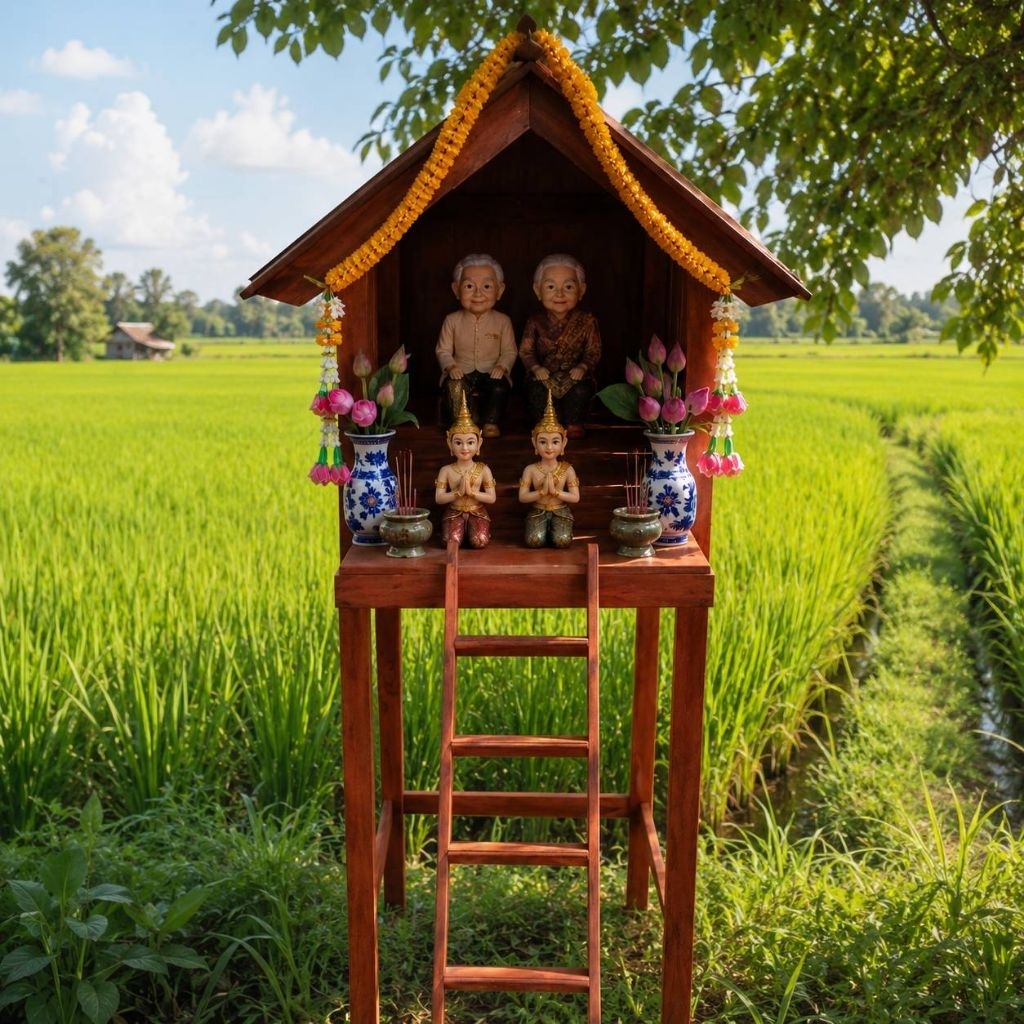 ศาลเจ้าที่ไม้ ศาลตายายสี่เสา รุ่นมั่งมีศรีสุข