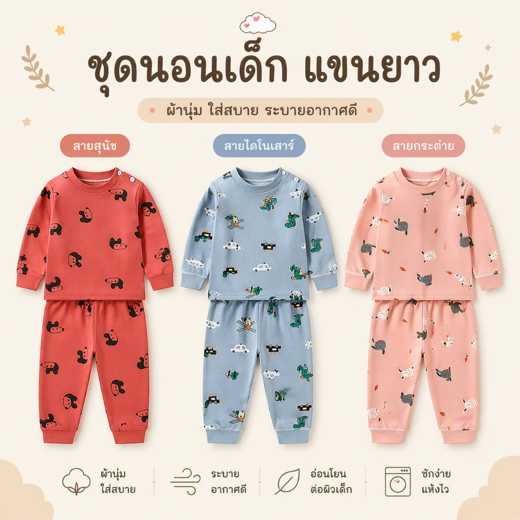 [COD]เข้าใหม่!! ชุดนอนเด็กเอวสูง ชุดนอนเด็กปิดพุง กันหนาว ผ้านิ่ม ใส่สบาย ไม่ต้องคอยห่มผ้า Ver.3