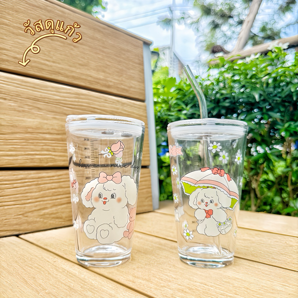 แก้วน้ำ พร้อมหลอดและฝา วัสดุแก้ว ลายการ์ตูนน่ารัก 450 ml
