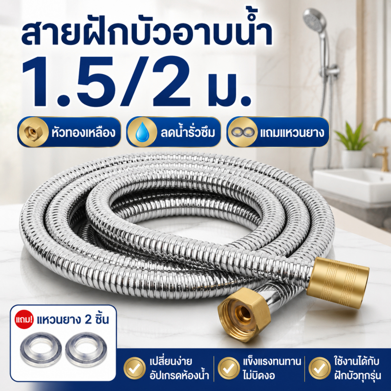 สายฝักบัวอาบน้ำ สแตนเลส 201 หัวทองเหลือง 1.5/2 ม. กันรั่ว แถมแหวนยาง