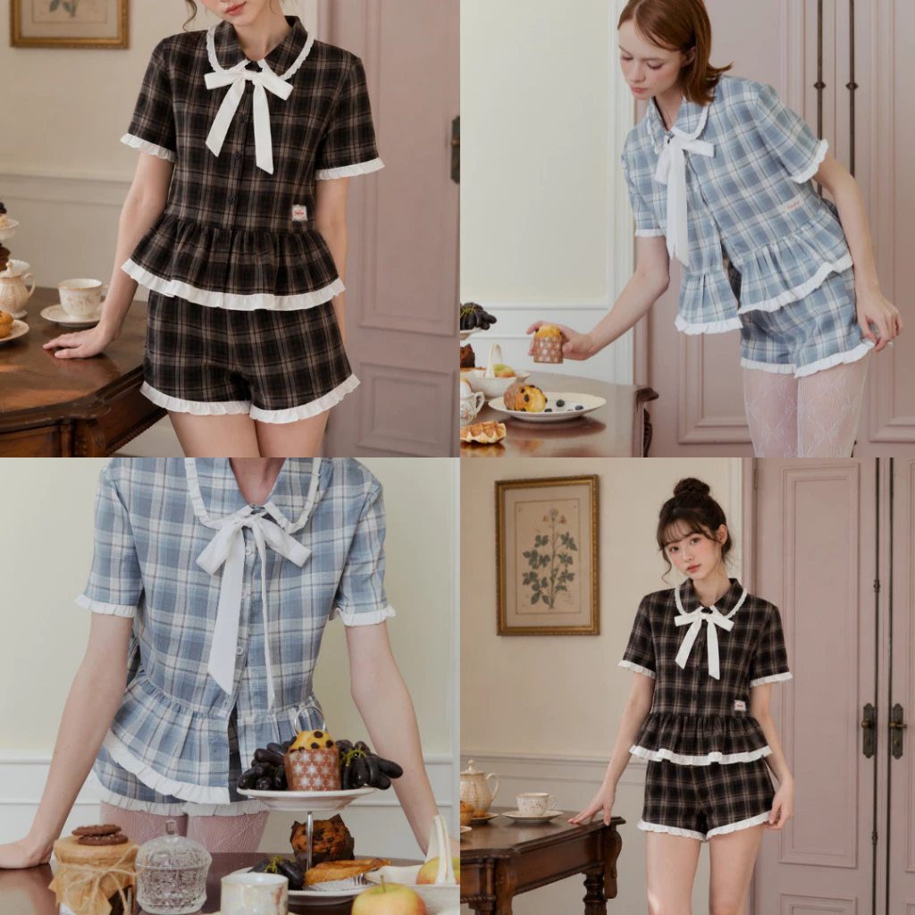 Nineties Design : Letter Shirt เสื้อเชิ้ตแขนสั้น ลายสก็อต สุดน่ารักกก รุ่น Babyblue