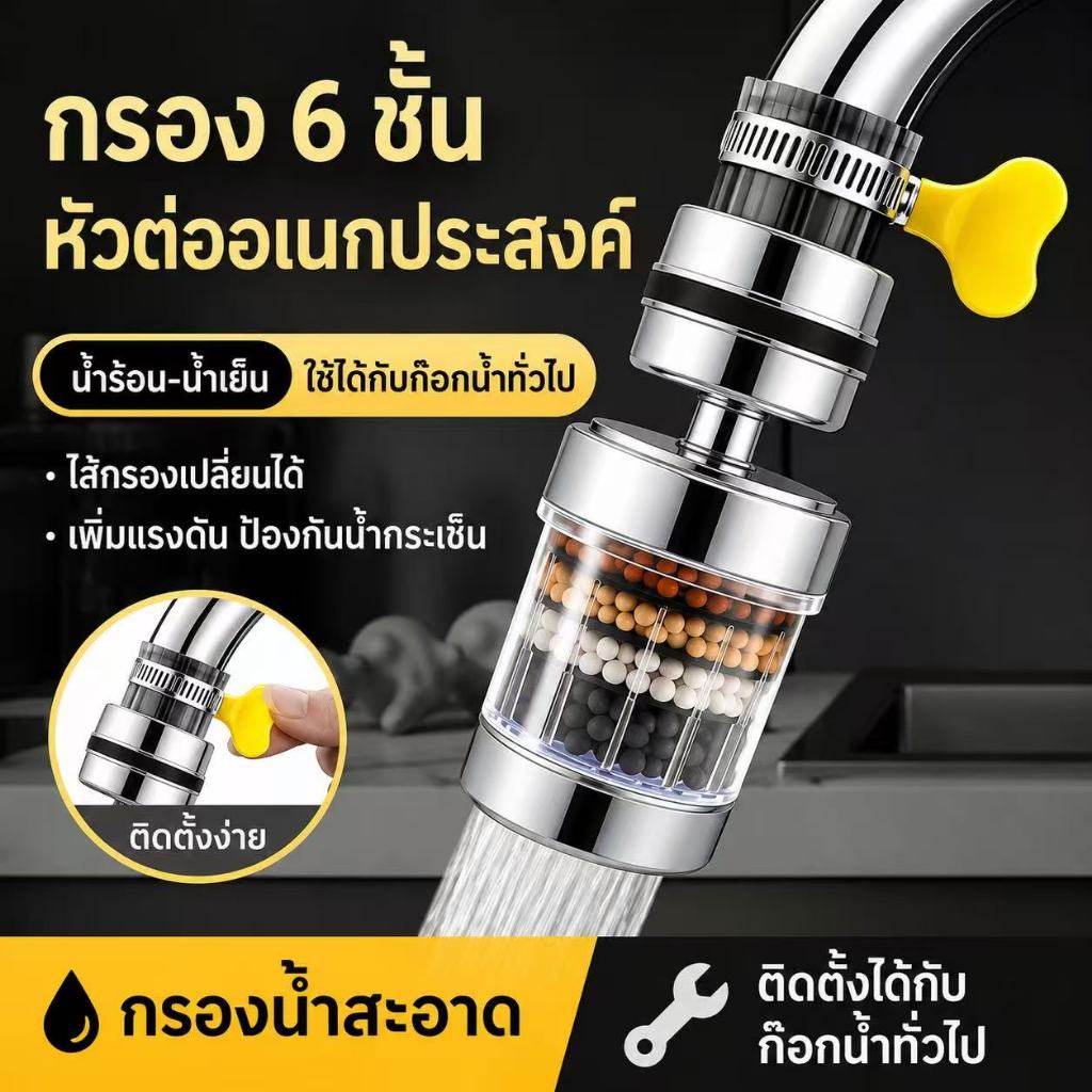 หัวกรองน้ำติดปลายก๊อก 6 ชั้นกรองแร่ ปรับค่าPH กันน้ำกระเซ็น หมุนได้ 360 องศา GL68